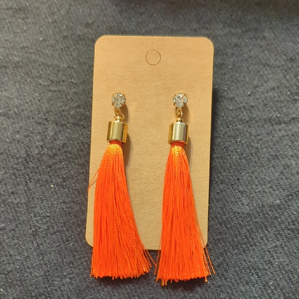 Gold Tone Clear Rhinestone Orange Silk Tassel Dangle Statement Earrings